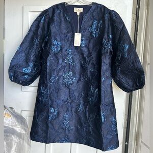 Metallic Navy Blue Floral Puff-Sleeve Dress